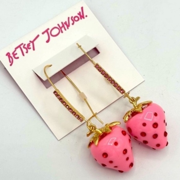 BETSEY JOHNSON Pink Enamel & Red Crystals Strawberry Dangle Earrings NEW NWT - Picture 1 of 5